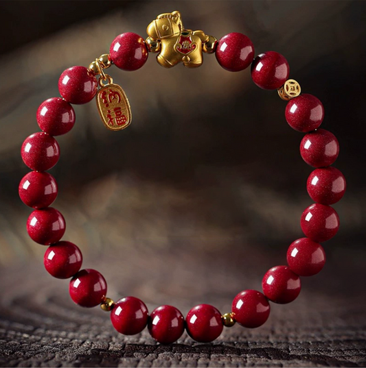 Lucky Red Cinnabar Bracelet with Gold Horse Charm – Feng Shui Protection & Prosperity Beaded Bracelet (8mm)
