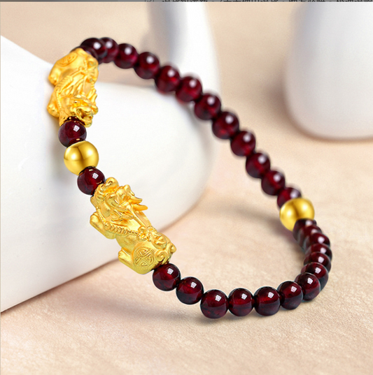 Gold Pixiu Red Agate Bracelet – Lucky Wealth Feng Shui Charm Beaded Bracelet for Men & Women