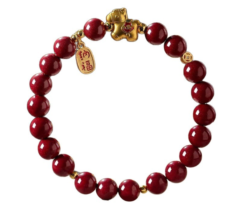Lucky Red Cinnabar Bracelet with Gold Horse Charm – Feng Shui Protection & Prosperity Beaded Bracelet (8mm)