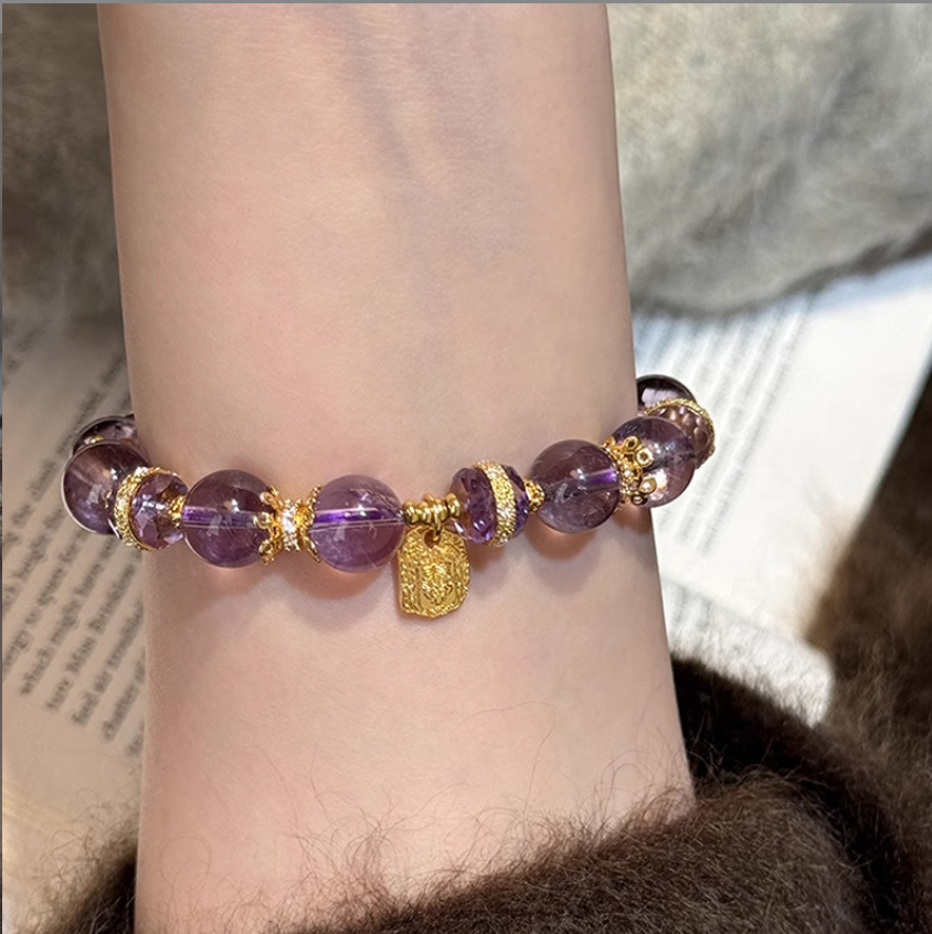 Natural Amethyst Crystal Bracelet – Healing Energy Protection & Calming Beaded Bracelet for Men & Women