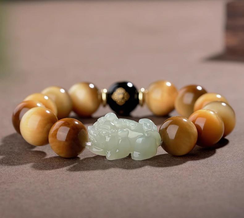 Hetian Jade Pixiu Tiger Eye Bracelet – Natural Stone Feng Shui Wealth & Protection Beaded Bracelet for Men & Women