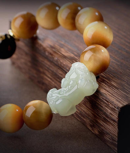 Hetian Jade Pixiu Tiger Eye Bracelet – Natural Stone Feng Shui Wealth & Protection Beaded Bracelet for Men & Women