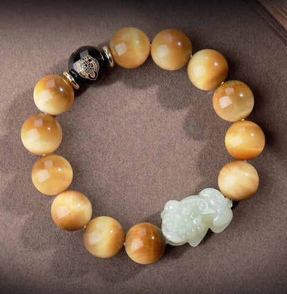 Hetian Jade Pixiu Tiger Eye Bracelet – Natural Stone Feng Shui Wealth & Protection Beaded Bracelet for Men & Women