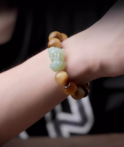 Hetian Jade Pixiu Tiger Eye Bracelet – Natural Stone Feng Shui Wealth & Protection Beaded Bracelet for Men & Women